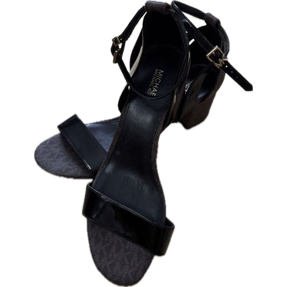 Women's Size 8 Black Michael Kors Logo Strappy Low Heel with Gold MK Accents